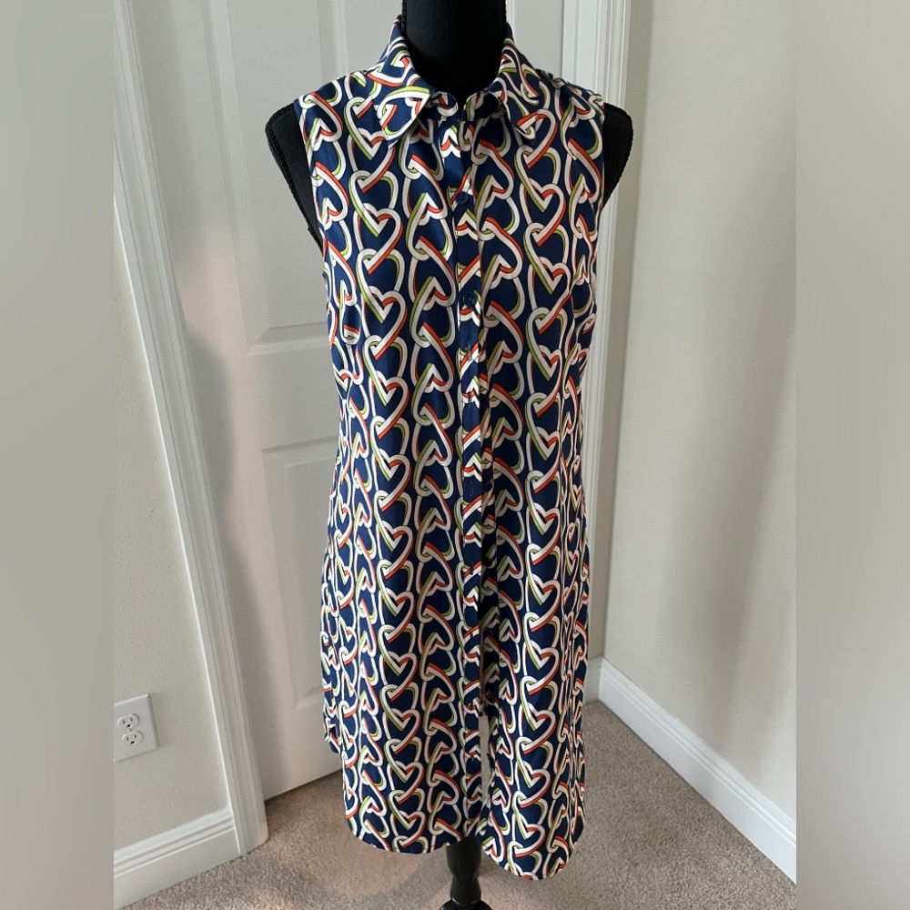 CAbi Navy Sleeveless Button-Front Dress with Multicolor Heart Print